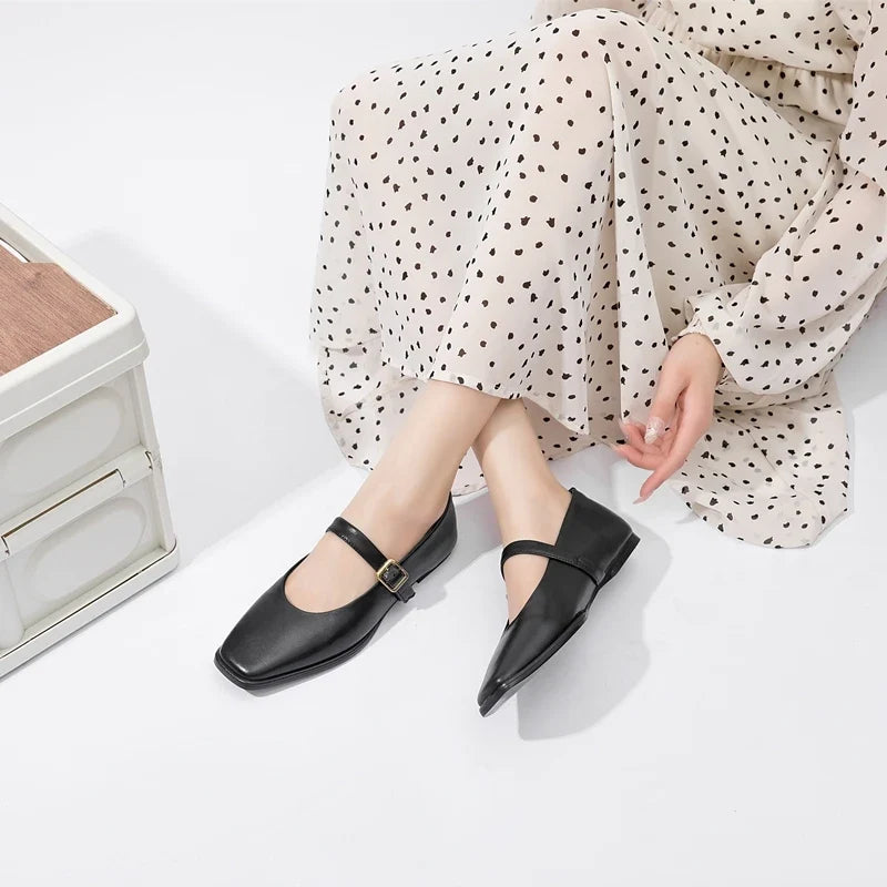AIYUQI Mary Jane Shoes Female Genuine Leather 2026 New Snap Ballet Shoes Women Square Toe Flat Cowhide Ladies Shoes