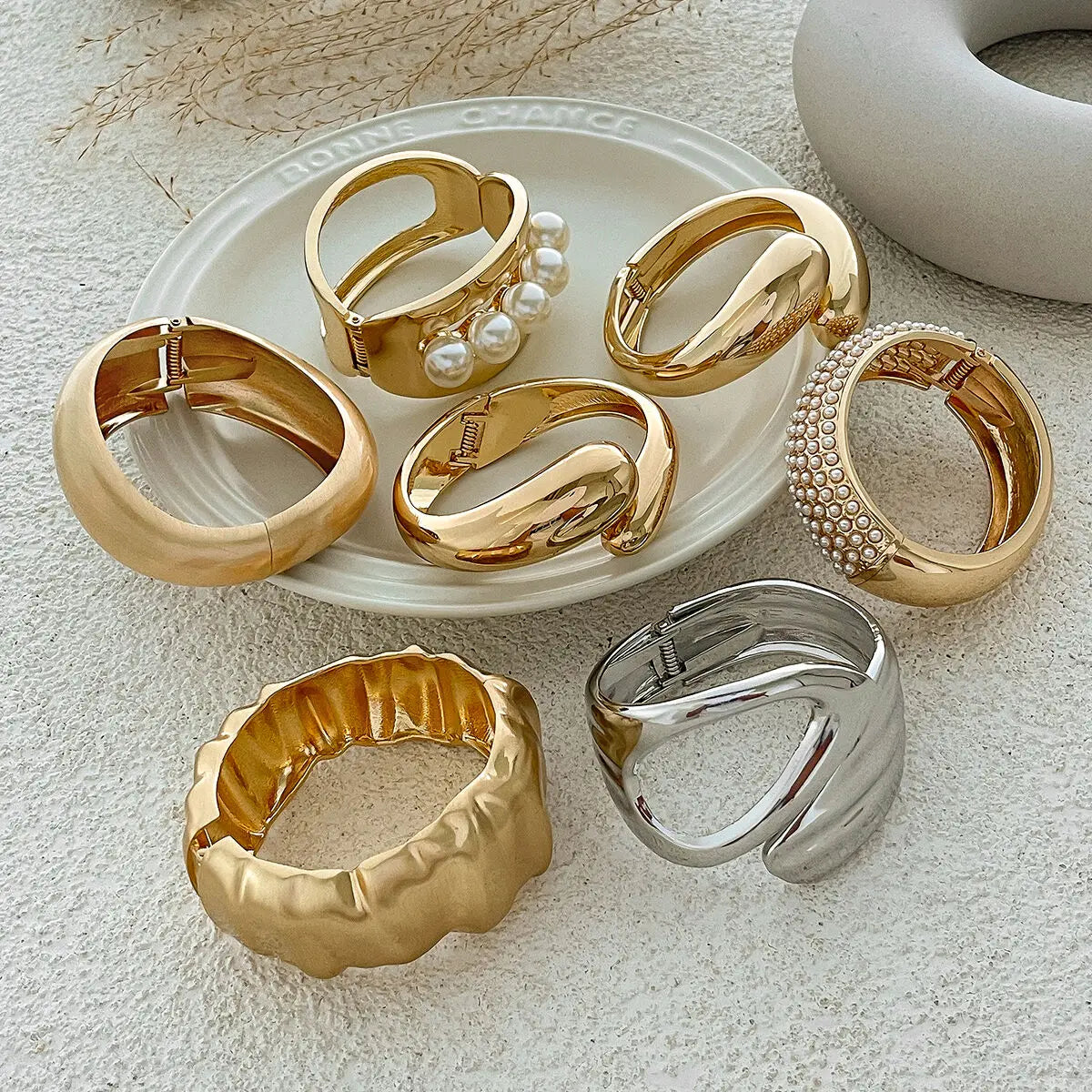 SHIXIN Design Geometric Water Drop Gold Color Wide Spring Bangles for Women Elegant Imitation Pearl Cuff Bracelets New Jewelry