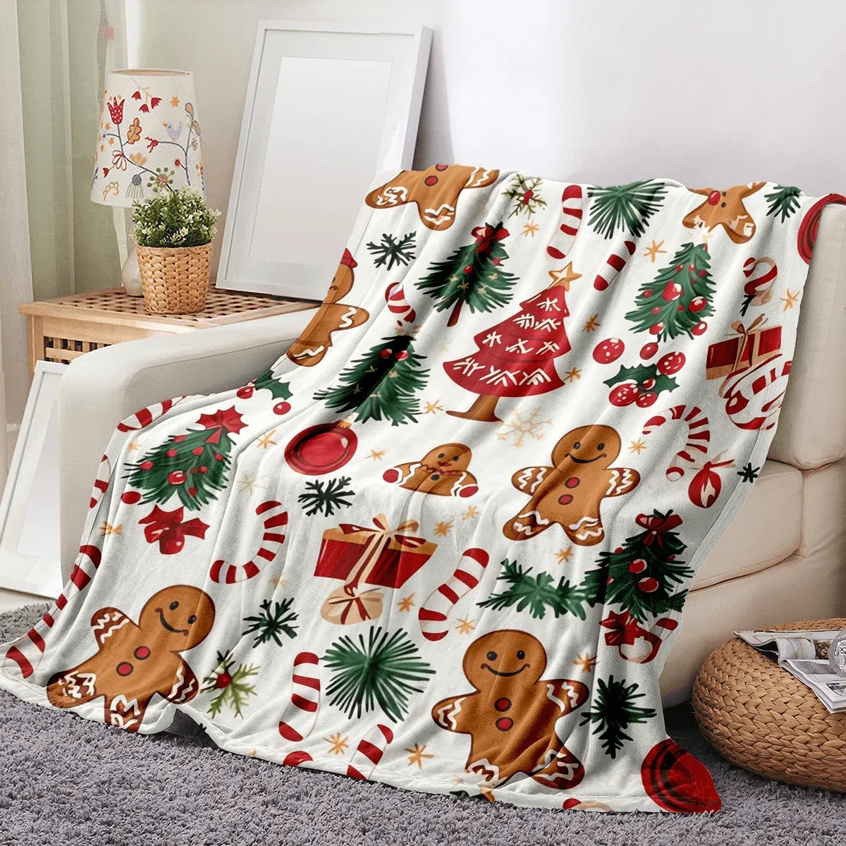 1pc Ultra-Soft Christmas Gingerbread Wonderland Print Flannel Throw Blanket- Festive Holiday Decorative Blanket