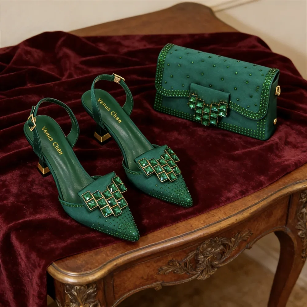 Venus Chan 2026 INS Italy Elegant Rhinestone Pointed Toe High Heels & Matching Bag Set - Perfect for Women's Parties & Weddings