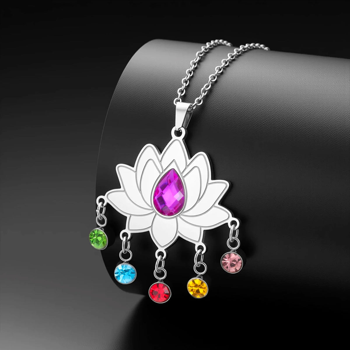 Gold Plated 7 Chakra Lotus Flower Necklace with Om Symbol Spiritual Yoga Jewelry Seven Colorful Zircon Lotus Flower Necklace
