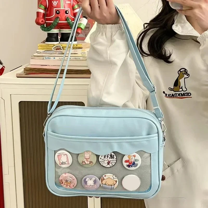 Women's PU Transparent Pocket Ita Bag | High School Girls JK Uniform Crossbody Shoulder Handbag (Fashion Satchel)