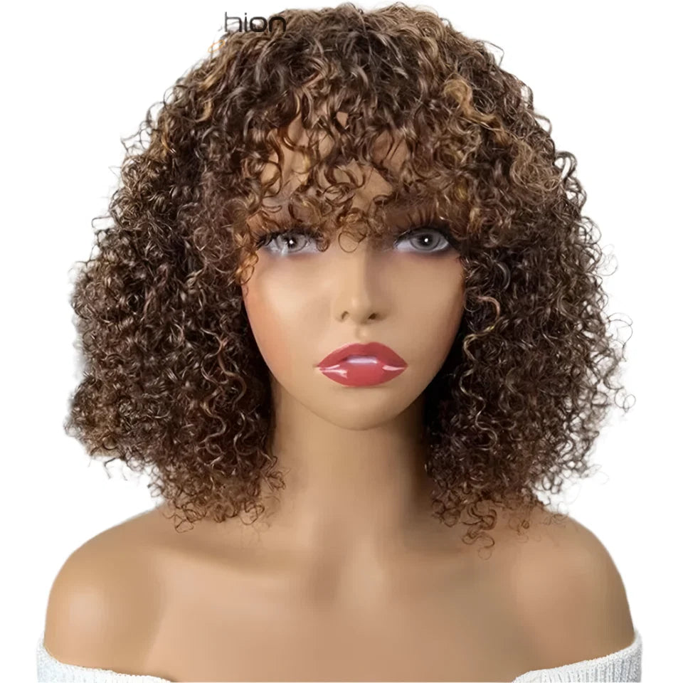 Highlight Honey Blonde Jerry Curly Pixie Bob Wig with Bangs | Full Machine Made Human Hair