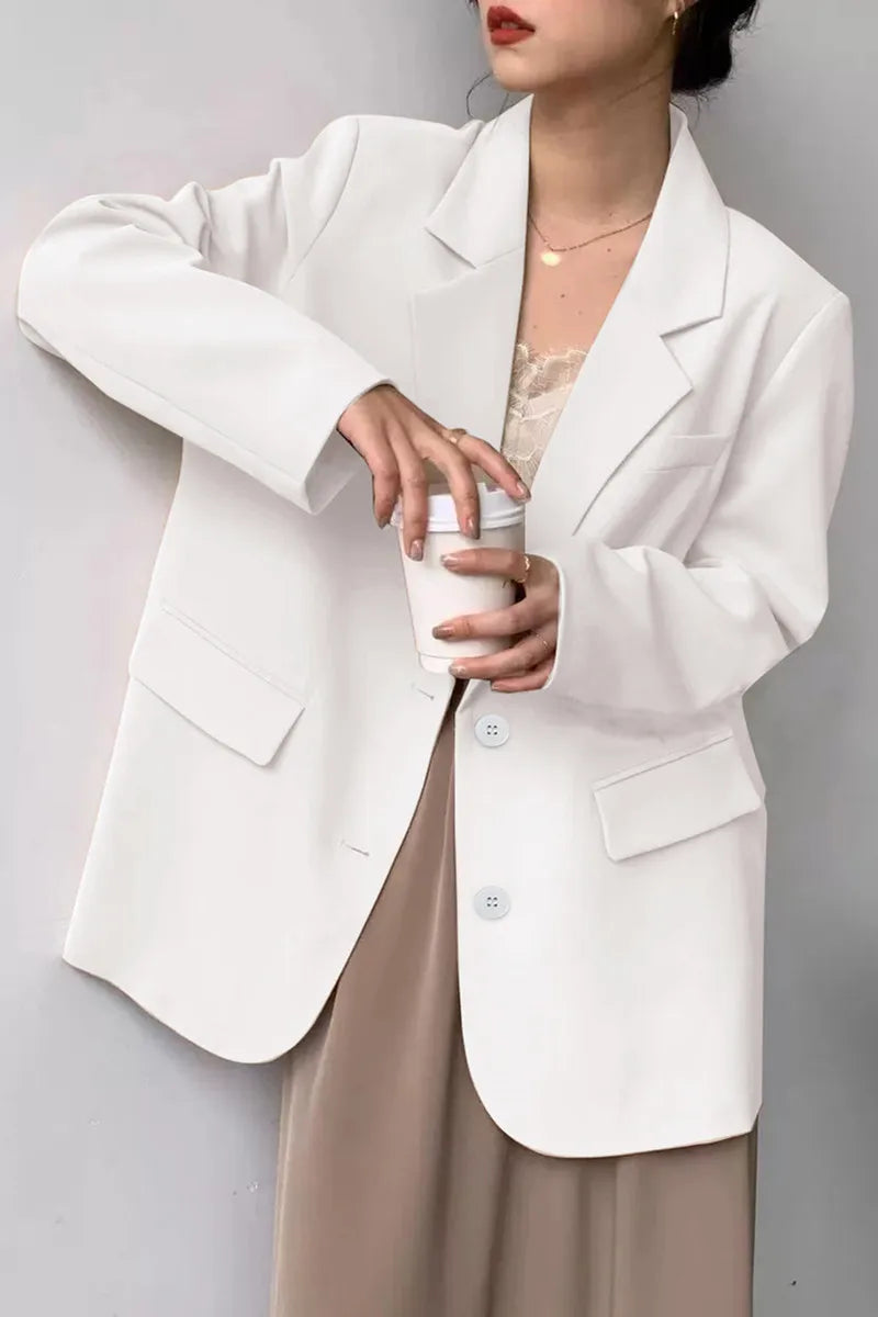 Mid Length Blazer Jacket Women Solid Long Sleeve Pocket Lapel Single Beasted Formal Coat Outerwear Loose Work Casual Blazers