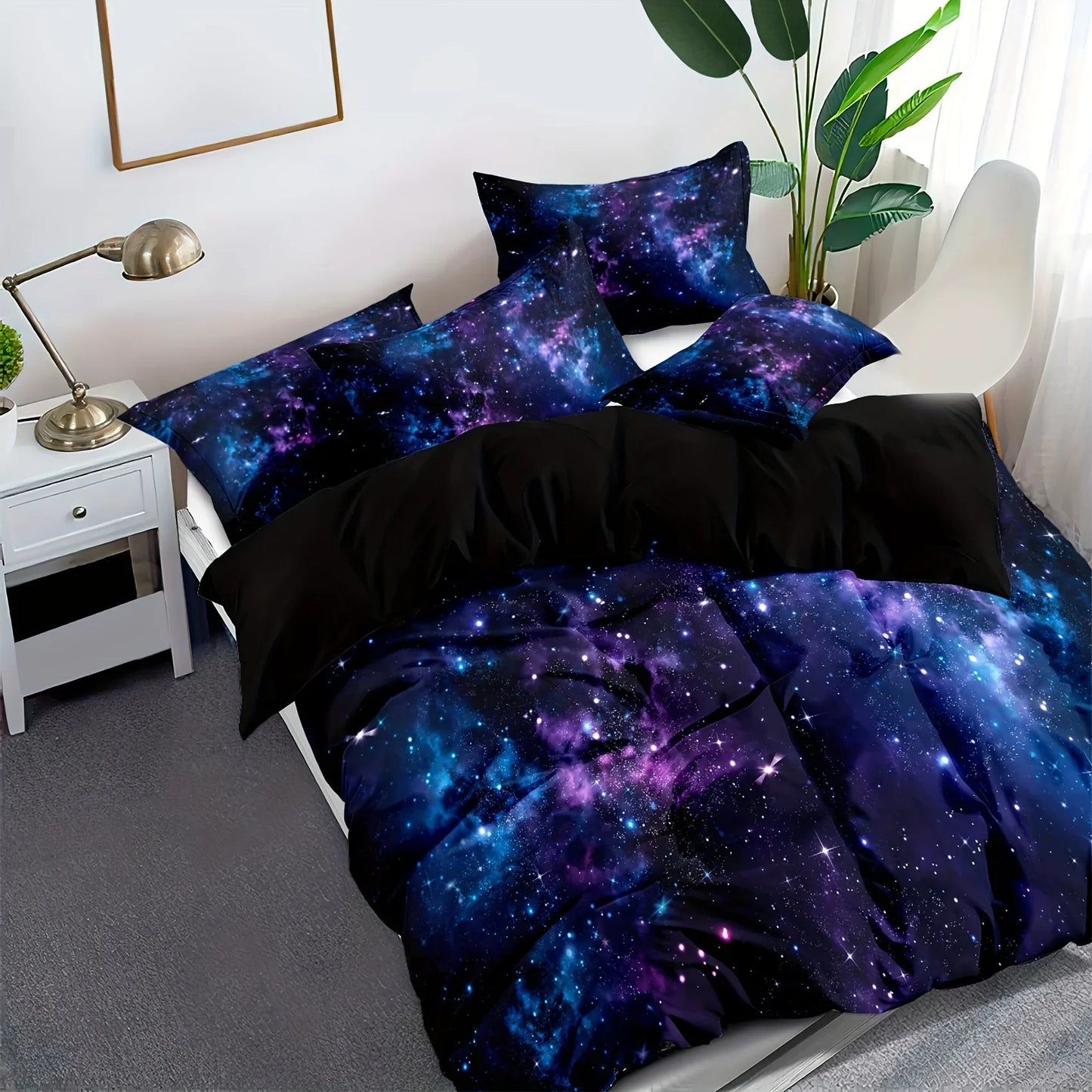 Soft and Comfortable Purple Star Galaxy Print Duvet Cover Set - Washable Microfiber Bedding for Bedroom and Guest Room