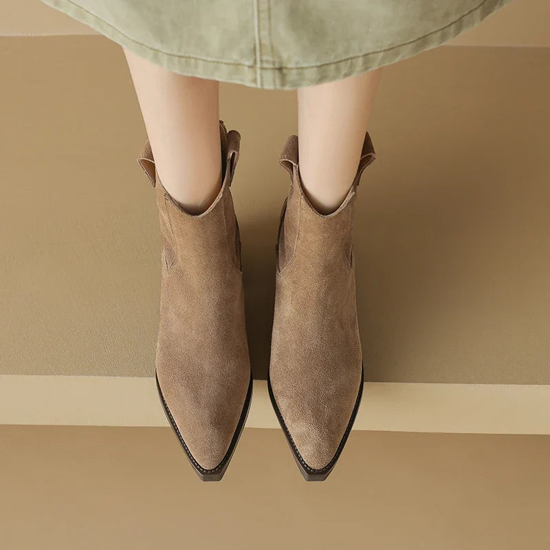 New 2025 Trend Autumn Winter Cow Suede Women Western Boots Black Brown Khaki Purple Green Burgundy Pointed Toe Lady Ankle Boots