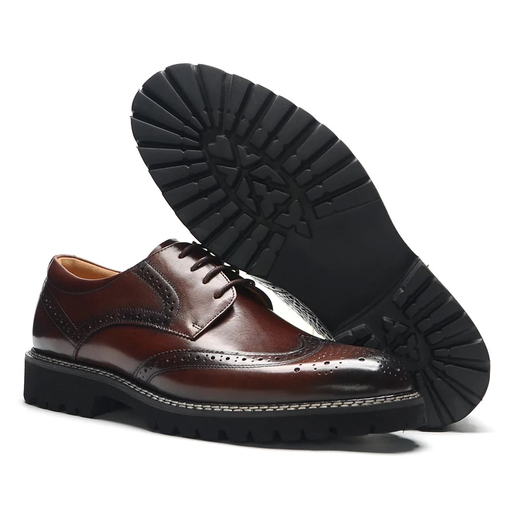 Handsome Men's Luxury Genuine Leather Sneakers | Wingtip Brogue Casual Oxfords (Height Increasing, Waterproof)