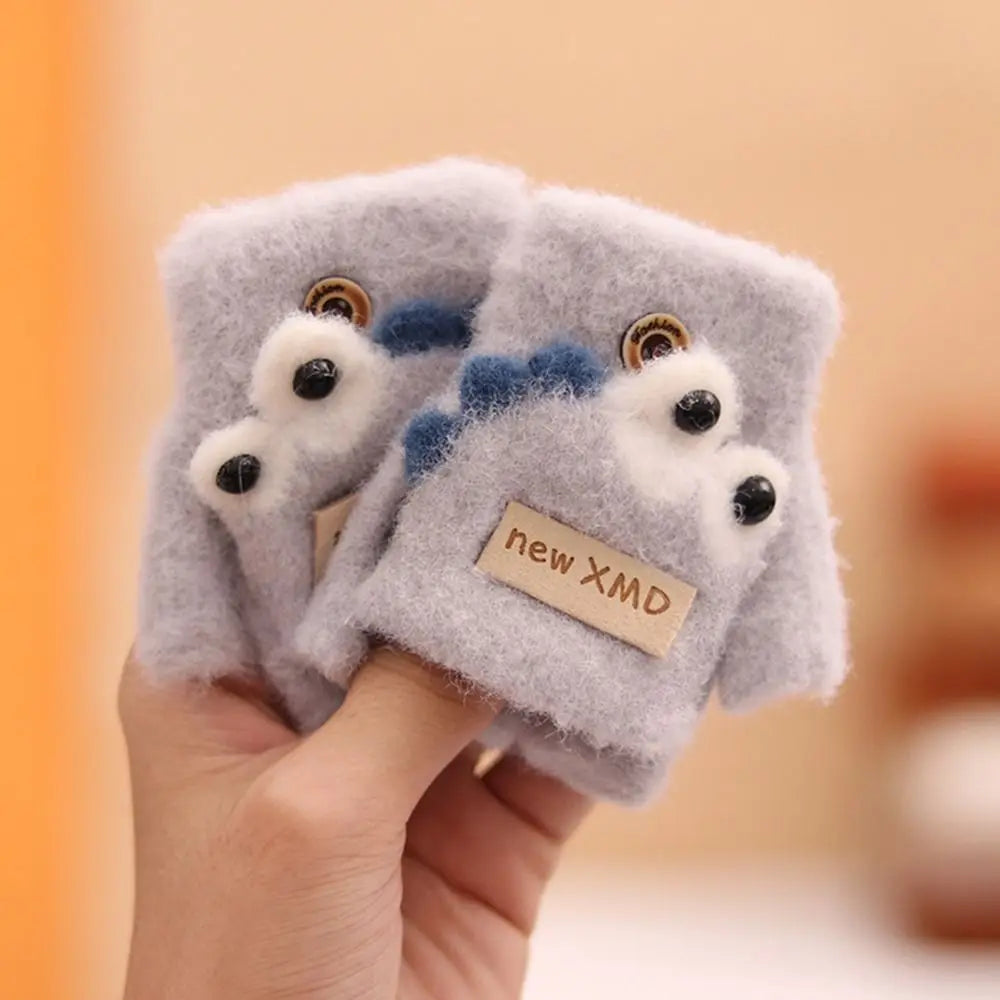 Cartoon Autumn Winter Gloves Cold Proof Windproof Baby Children Half Finger Flap Gloves Thickened Hand Warmer