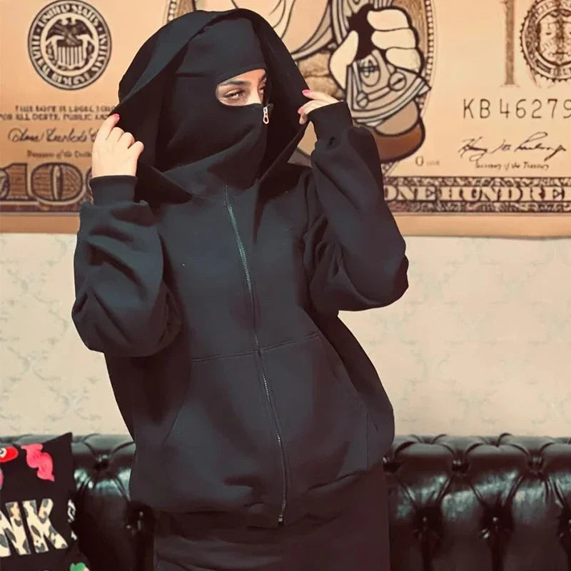 Men and Women Balaclava Y2K Gothic Harajuku Spring Autumn Winter New Item Double Hooded Sweatshirt Men Hooded Mask Zipper Jacket