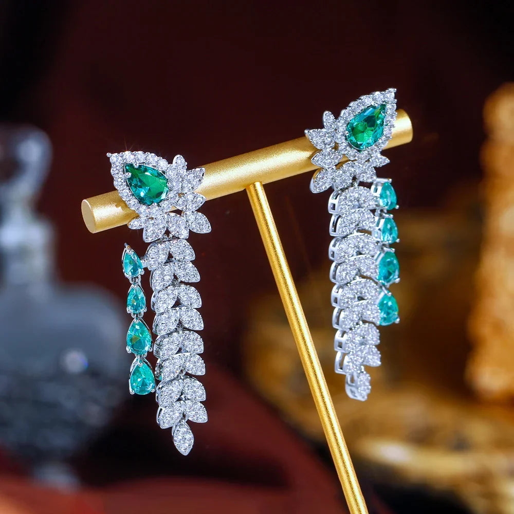 CWWZircons Dangling Leaf Drop Green Cubic Zirconia Luxury Long Earrings  for Women Beautiful Wedding Banquet Party Jewelry CZ959