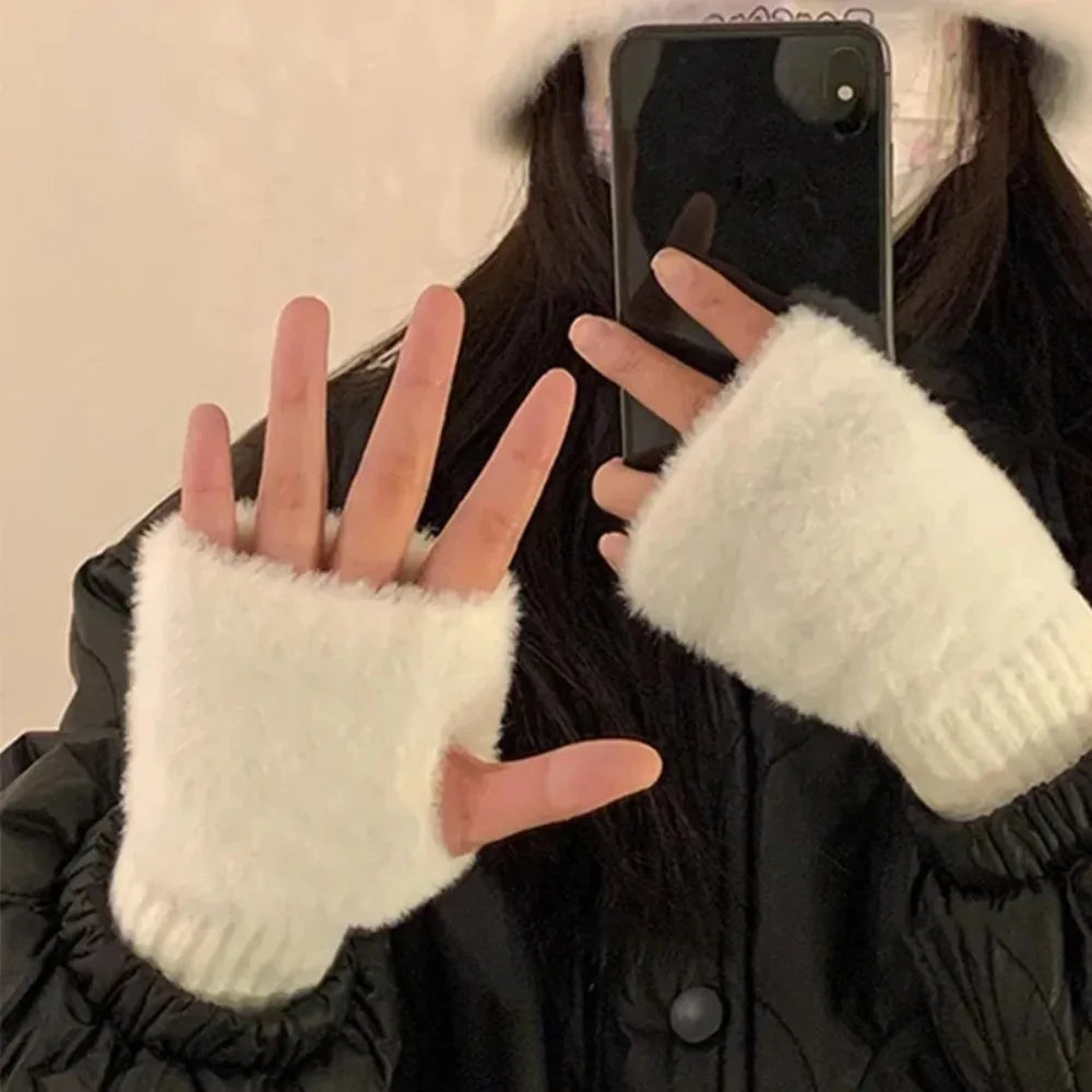 Soft Winter Half Finger Gloves Women Warm Luxury Solid White Plush Knitted Fingerless Gloves Wrist Mitten Writing Winter Gloves