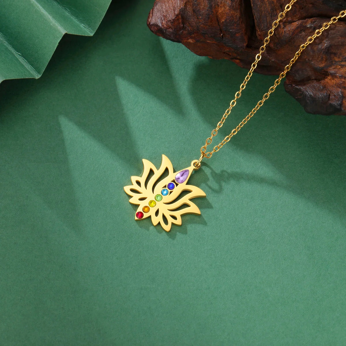 Gold Plated 7 Chakra Lotus Flower Necklace with Om Symbol Spiritual Yoga Jewelry Seven Colorful Zircon Lotus Flower Necklace