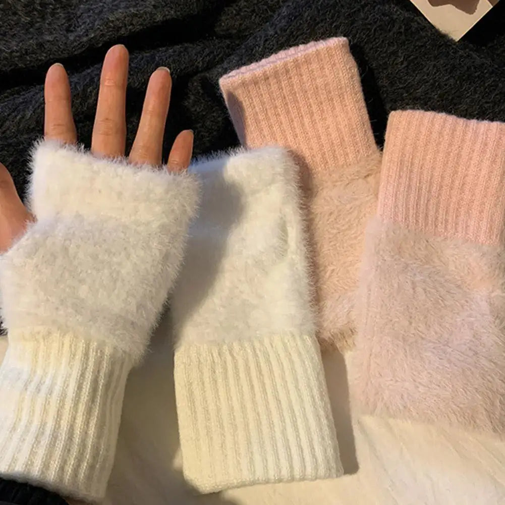 Half-finger Plush Winter Gloves Touch Screen Cold-proof  Warm Fingerless Knitted Wrist Guard Student Office Writing Work Outdoor