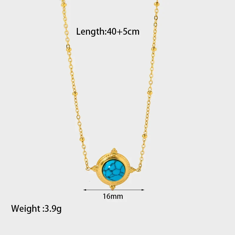 Stylish 18k Gold Plated Stainless Steel Blue Natural Stone Geometric Pendant Necklace for Women Waterproof  Collar Jewelry Gift