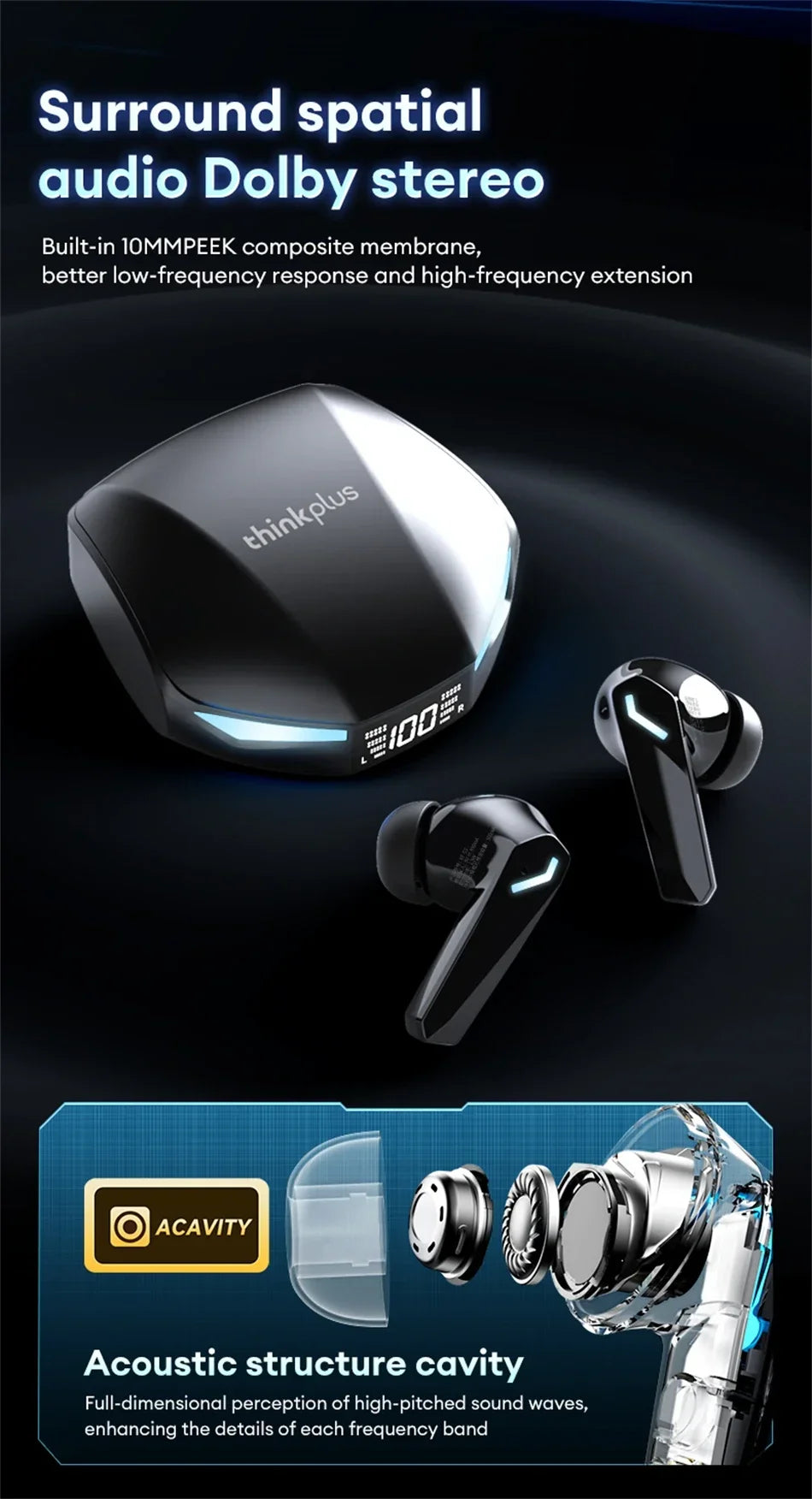 Lenovo XT53 Gaming Headset LED Digital Display Wireless Sport Earbuds HD Call Low Latency Headphones Waterproof GM2 Pro Upgraded