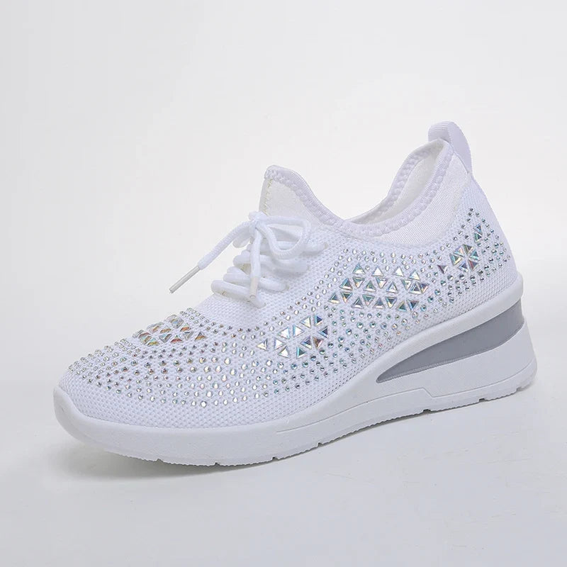 Women's Rhinestone Embellished Knit Mesh Wedge Sneakers, Adjustable Lace-Up Closure, Daily Walking Casual Footwear