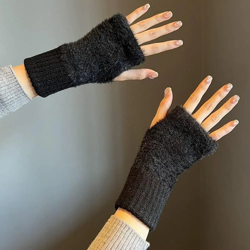 Half-finger Plush Winter Gloves Touch Screen Cold-proof  Warm Fingerless Knitted Wrist Guard Student Office Writing Work Outdoor
