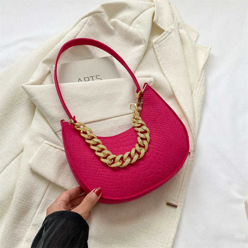 Fashion Women's Felt Handbag | Imitation Metal Chain Underarm Bag (Retro Ladies Solid Color Shoulder Bag, Trendy Casual Clutch Purse)