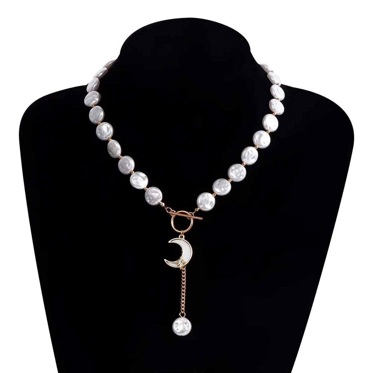Kpop Imitation Pearl Beaded Pendant Necklace Moon Metal Link Splicing Choker for Women Ladies Jewelry Wedding