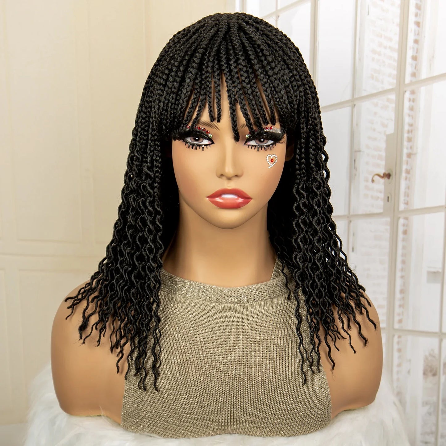 Short 14" Bob Braided Wig | Curly Knotless Box Braids | Synthetic Machine Made Wig | For Black Women