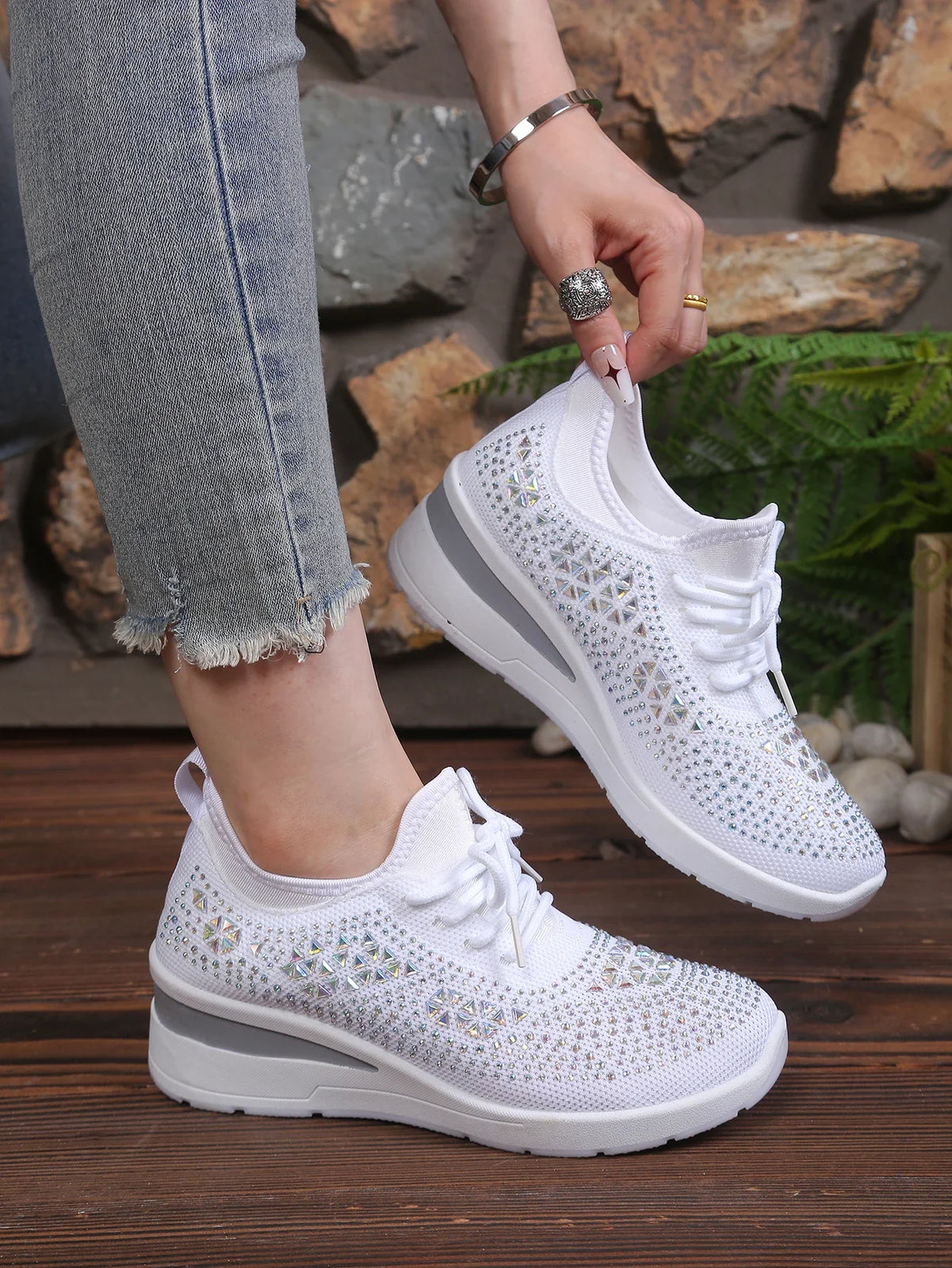 Women's Rhinestone Embellished Knit Mesh Wedge Sneakers, Adjustable Lace-Up Closure, Daily Walking Casual Footwear