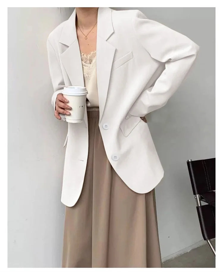 Mid Length Blazer Jacket Women Solid Long Sleeve Pocket Lapel Single Beasted Formal Coat Outerwear Loose Work Casual Blazers