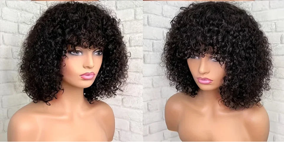 Highlight Honey Blonde Jerry Curly Pixie Bob Wig with Bangs | Full Machine Made Human Hair