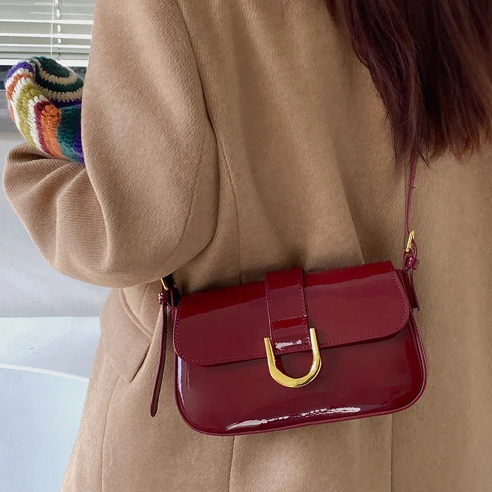 Retro Patent Leather Shoulder Bag for Women | Luxury Flap Crossbody & Solid Color Underarm Bag (Red Lady Handbag)