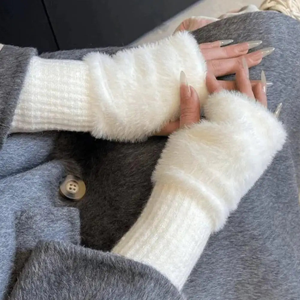 Half-finger Plush Winter Gloves Touch Screen Cold-proof  Warm Fingerless Knitted Wrist Guard Student Office Writing Work Outdoor
