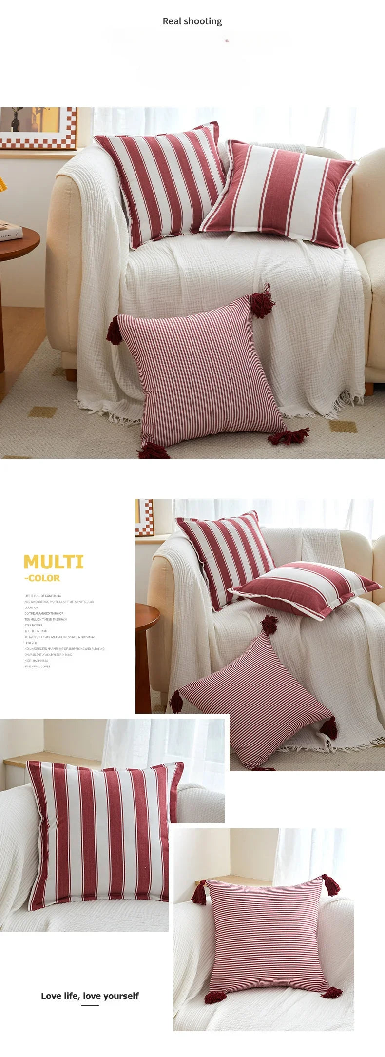 Classical Striped Cushion Cover 45x45cm Hawthorn Red Ivory Recycle Polyester Fabric Pillow Cover Indoor Outdoor Home Decoration