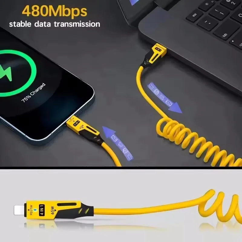 2PCS 4 in 1 65W Spring Short Data Cable 6A USB Type C Spring Telescopic Quick Charger Wire Spring USB Cable for IPhone15 141312