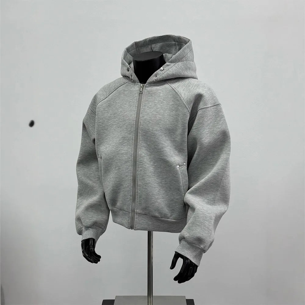 American Men's Short Retro Boxy Style Cardigan Sweatshirt Men's Hooded Jacket Autumn Winter Silhouette Men's Fashionable Hoodie