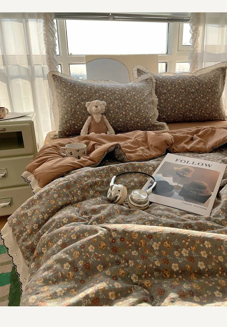 Summer Quilt Korean Style Duvet with Lace Single/Queen Size Comforter Flower Printed Quilted Blanket 여름이불 (No Pillowcase)