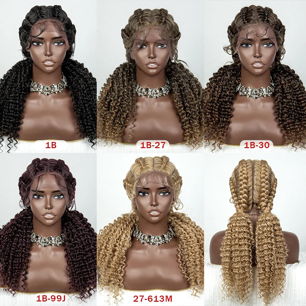 22" Box Braids Full Lace Wig | Two Curly Ponytails | Baby Hair | Synthetic Braided Wig