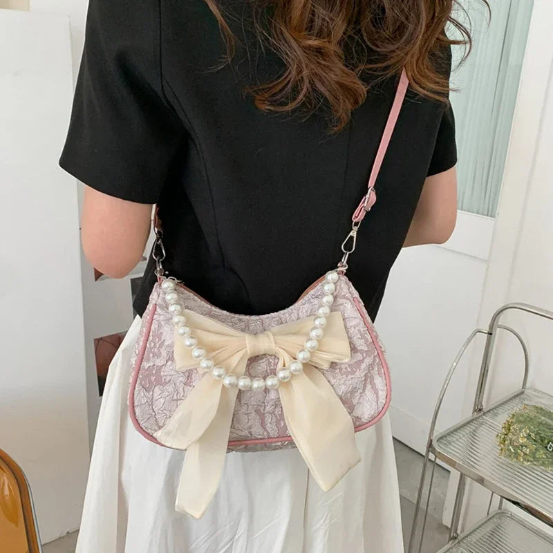 White Folds Pop Retro Bow Bag | Female Pearl Handle New Fashion Pearl Armpit Shoulder & Crossbody Bag