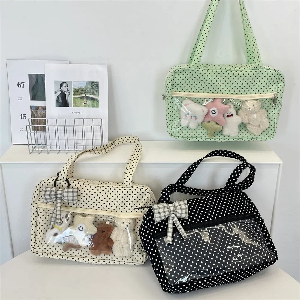 Y2K Ulzzang Ita Bag for Women | Trendy Polka Dot Canvas Shoulder & Underarm Tote (Transparent Pocket, Youth Fashion)