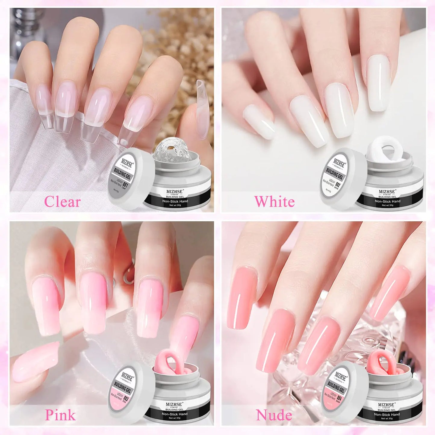MIZHSE Solid Builder Gel, Nail Sculpture Gel Non-Sticky 4 Colors Nude Clear White Pink Hard Builder Gel Nails UV LED Nail Extension Gel For Nail Salon Home Manicure C-Classic Colors * 4
