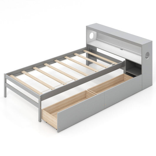 Twin Size Bed Frame with LED Light and Bookcase Headboard-Gray