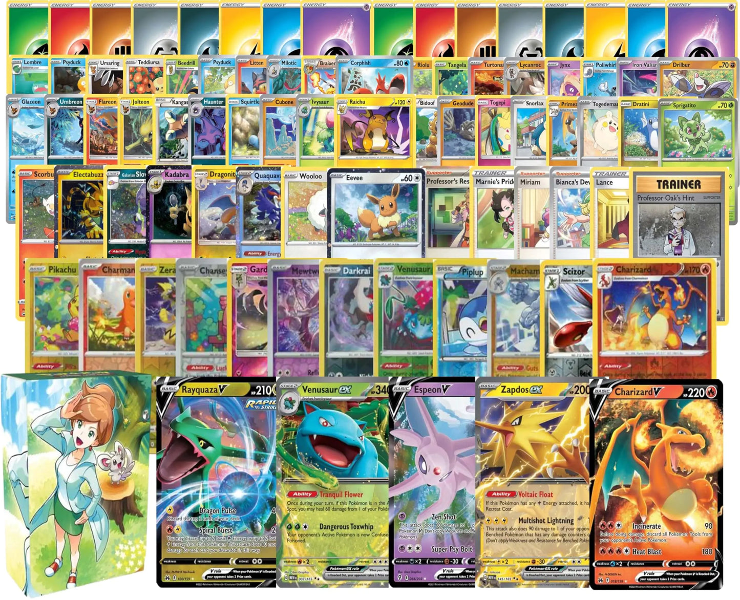 Style Loft Collection x Pokemon: 100 Assorted Card Bundle - with Foils and 5 Ultra Rare (V GX EX) Variety - Official Pokemon TCG Deck Box Included