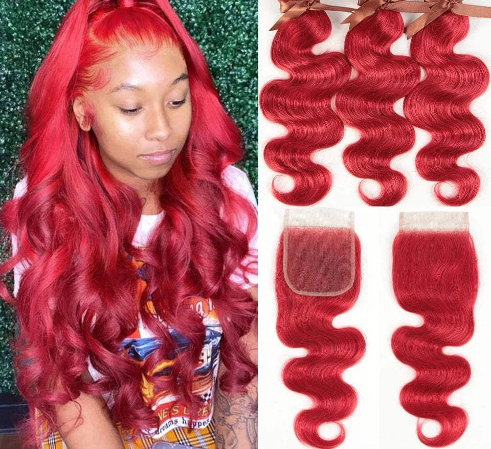 Rebecca Oxblood Red Body Wave Bundles with Closure | 3 Brazilian Remy Human Hair Weave & Closure Set