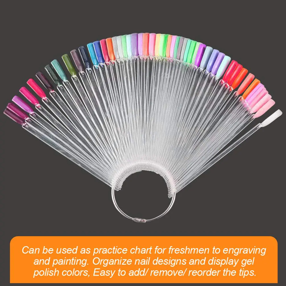 JASSINS 150 Pcs Nail Swatch Sticks with Ring and Number posted, Clear Fan-shaped Nail Art Polish Practice Display Tips Nail Sample Sticks, Nail Practice Color Display Polish Board C. Transparent (150 PCS)