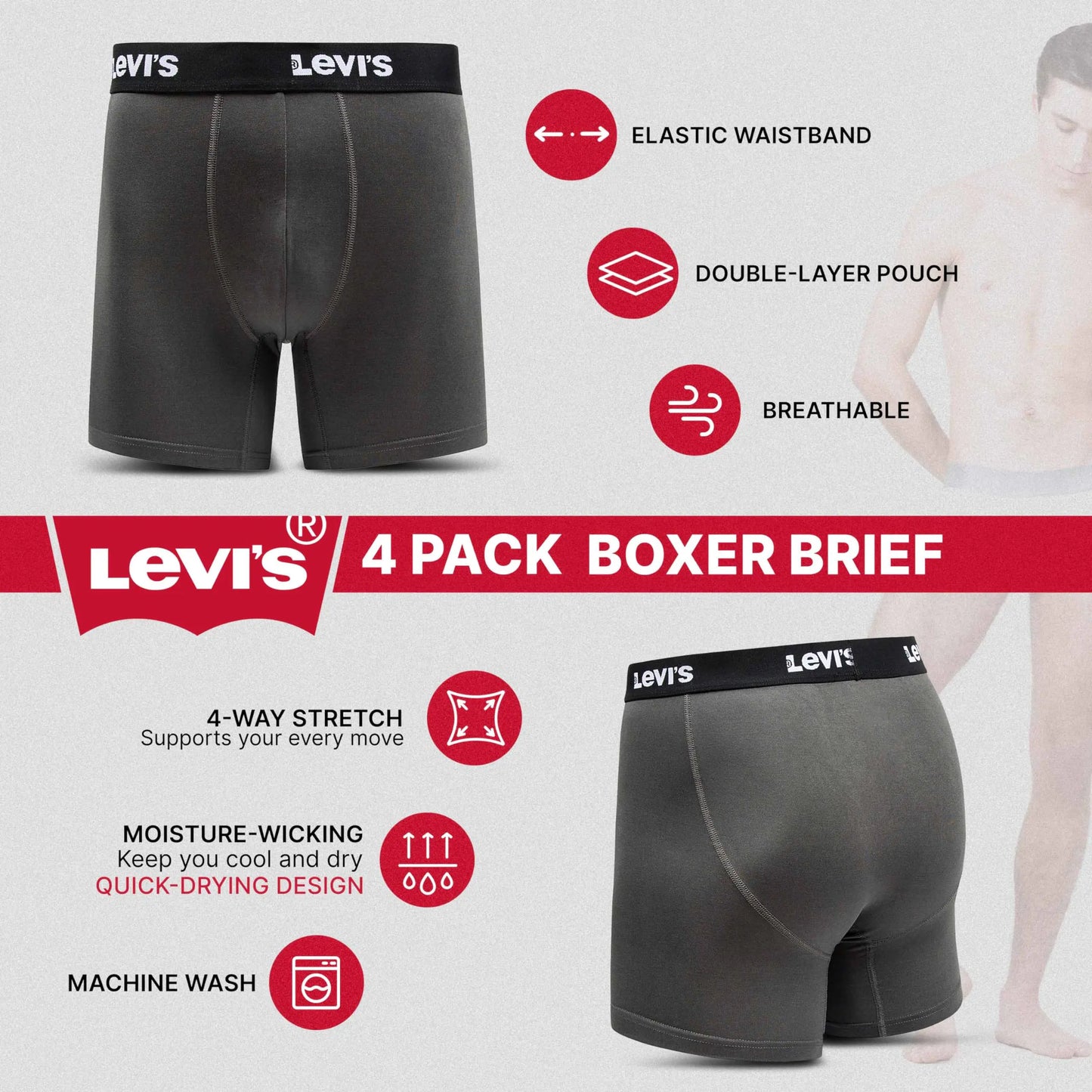 Levi's Mens Underwear Microfiber Boxer Brief for Men Ultra Soft 4 Pack Small Black, Orange, Charcoal. Orange Print