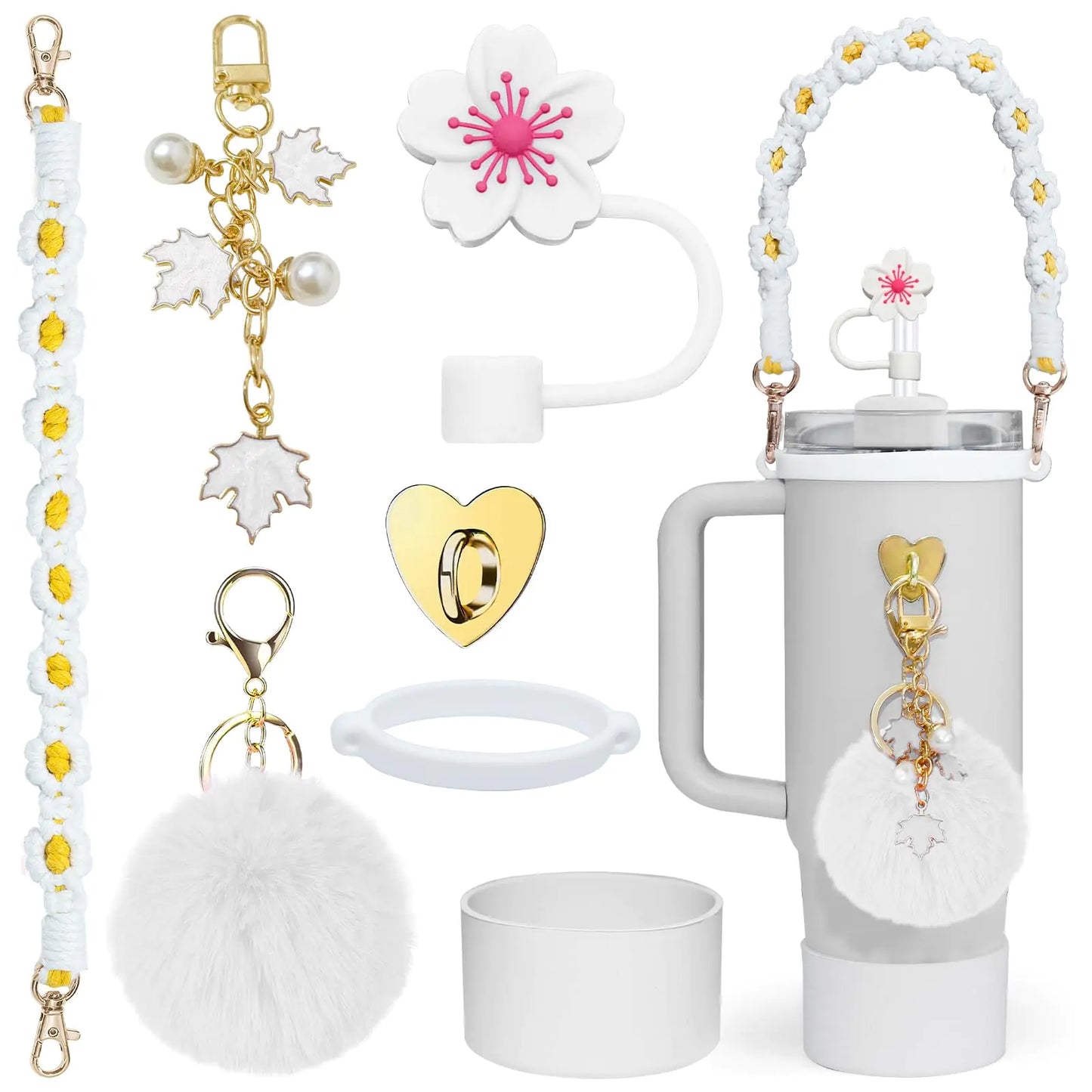 Style Loft Collection Stanley Cup Accessories Set-Woven Water Bottle Handle Strap Siliocne Stanley Cup Boot Stanley Charms for Stanley Cup 40oz Tumbler，Straw Cover Cap(White)