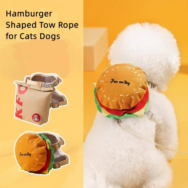 Cartoon Hamburger Chips Design Adjustable Vest Leash Rope For Cats And Dogs Walking Tow Rope With Backpack Escape Proof Vest