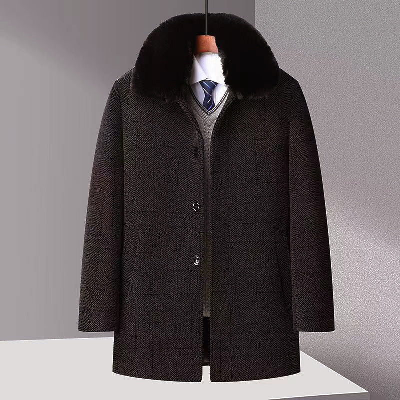 Autumn And Winter New Men's Trench Coat Chenille Fleece-lined Middle-aged And Elderly Men's Fur Collar Woolen Coat