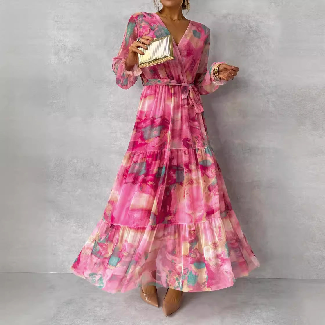 Long-sleeved Floral Print Dress Elegant V-neck Pleated High-waisted Big Swing Chiffon Maxi Dresses For Women Clothing