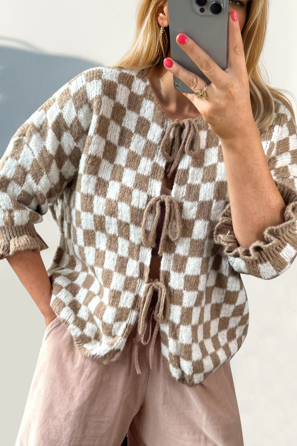 Back To School Sweater - Double Take Tied Checkered Dropped Shoulder Flounce Sleeve Cardigan