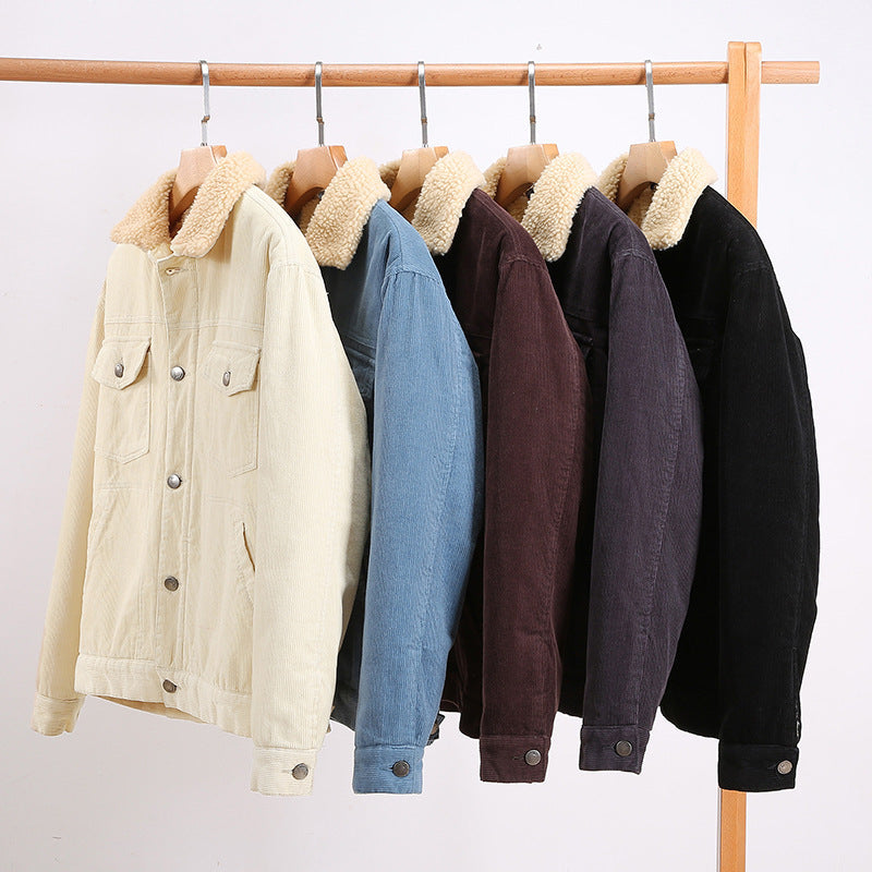 Men's Corduroy Workwear American Retro Lapels Jacket Heavy Imitation Lamb Wool Thickened Cotton-padded Coat