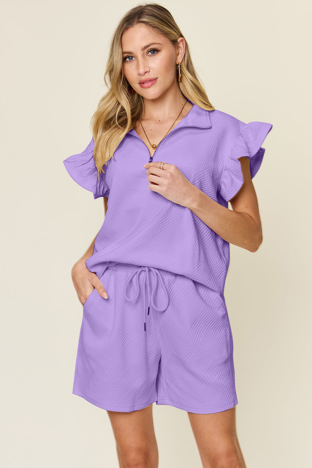 Textured Flounce Sleeve & Drawstring Shorts Set