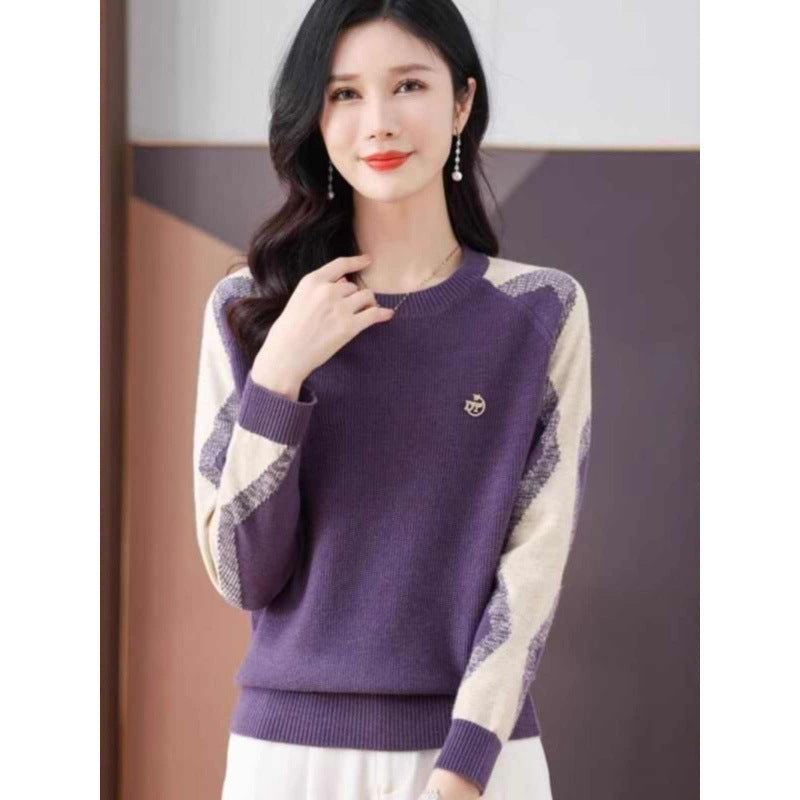 Womens Casual Outfit Round-neck Color-block Sweater Loose-fitting Cropped Knit Top